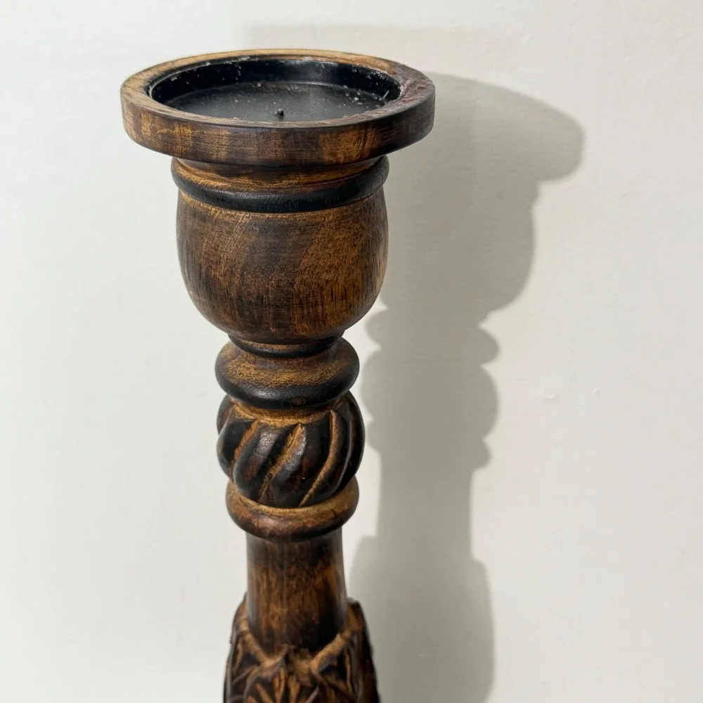 Vintage Wooden Pillar Candle Holder  18in Brown Hand Carved Pedestal